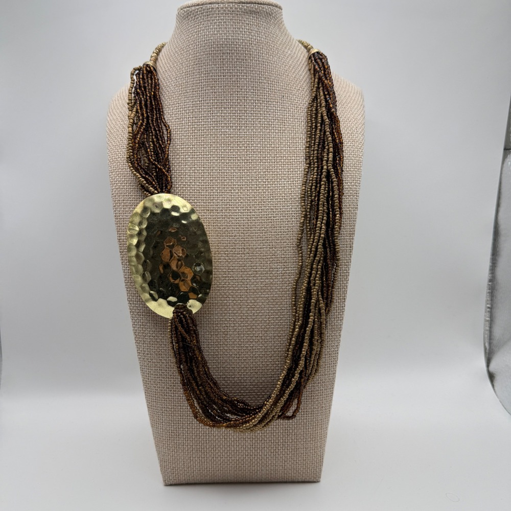Vtg Boho Earth Colors Multi Strand Hammered Disc Statement Necklace Brown OS